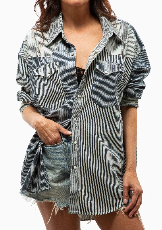 Oversized Cowboy Shirt | Multi Stripe Railroad Cozy Women's Winter