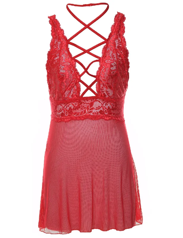 Red Classic Lace Criss-Cross Back Babydoll - S Artistic Women's Avant - 