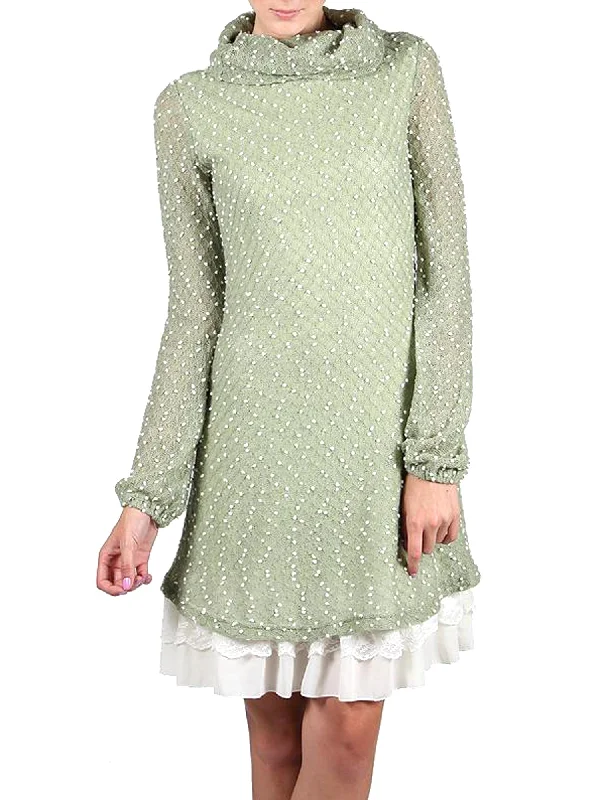 Areve Polka Dotted Long Sleeve Cowl Neck Dress Minimalist Women's Casual