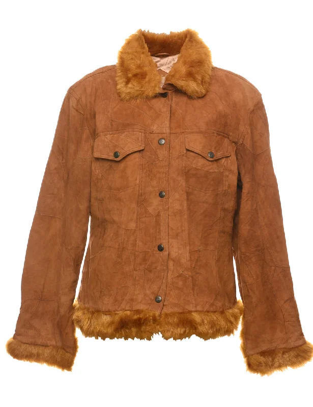 Brown Suede Trim Jacket - L Sophisticated Women's 