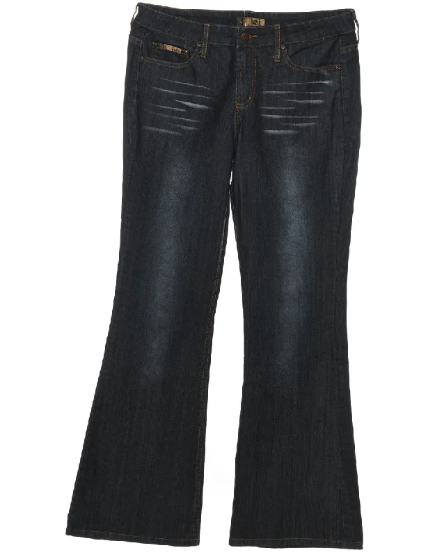 Black Flared Y2K Lei Jeans - W34 L32 Artistic Women's Hand - painted