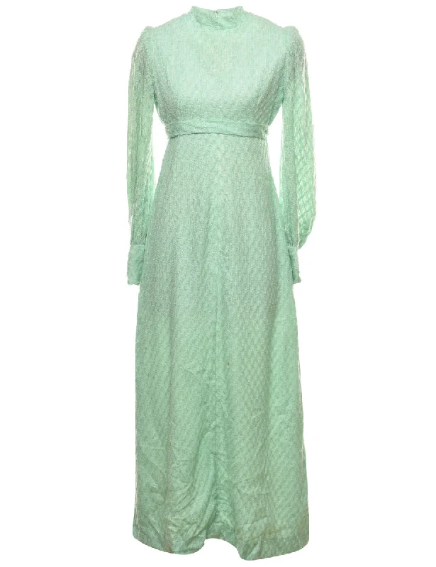Mint Green Long-Sleeve 1970s High Neck Maxi Dress - M Street