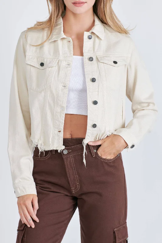 Cream Crop Frayed Jacket Preppy Women's College