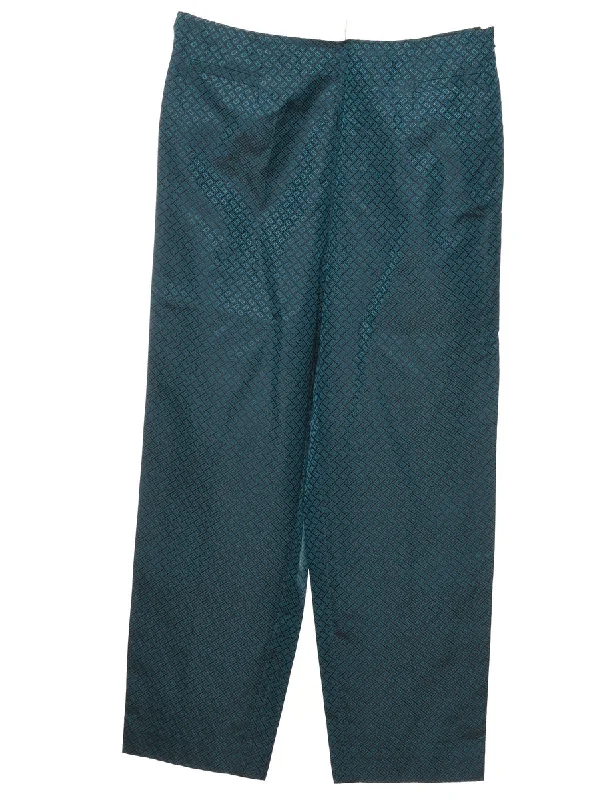 Dark Green Patterned Silk Trousers - W32 L29 British Gentlewoman Style