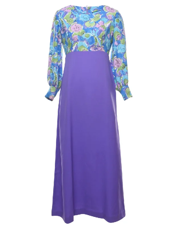 1970s Floral Print Purple & Blue Maxi Dress - S Scandinavian