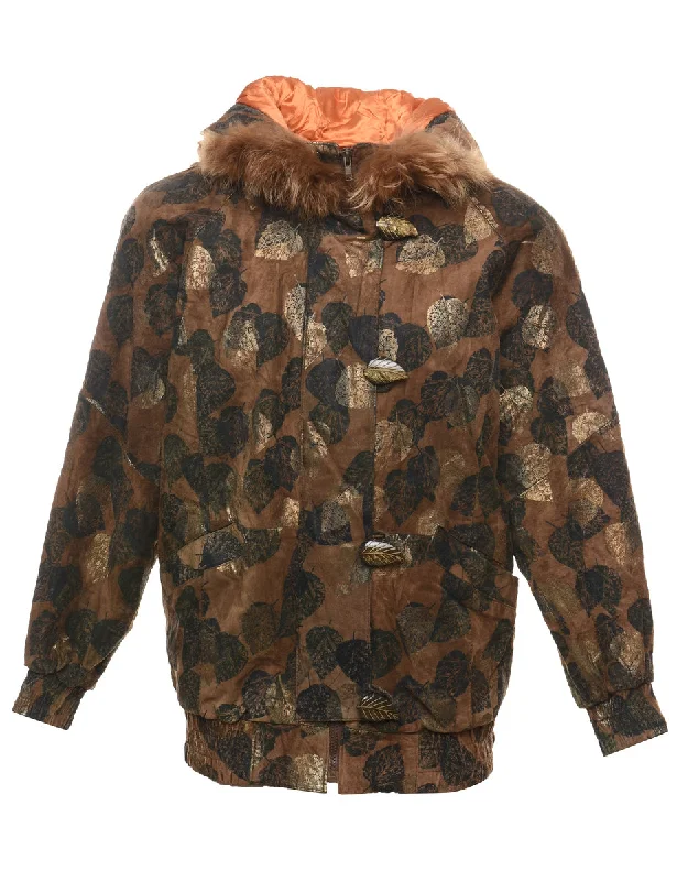 Gregg Bell Brown & Gold Leafy Design Metallic Real Fox Fur Trim Jacket - S Sharp Women's Italian
