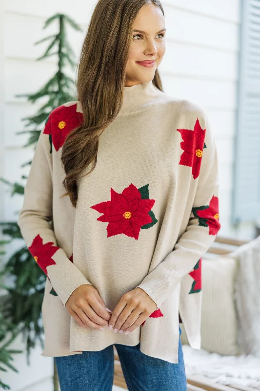 Quick Decisions Oatmeal Poinsettia Sweater Hip Women's Urban