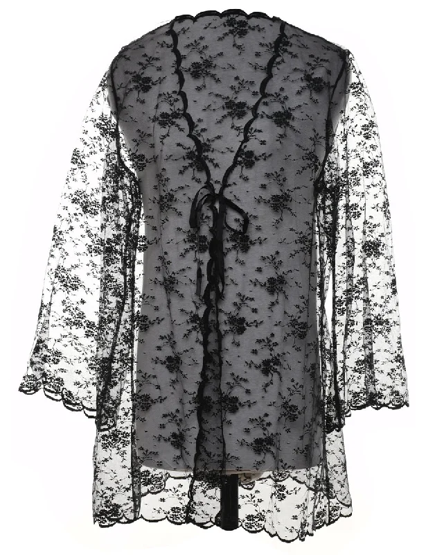 Black Sheer Lace Tie Fasten Jacket - L Casual Women's Loose - fitting