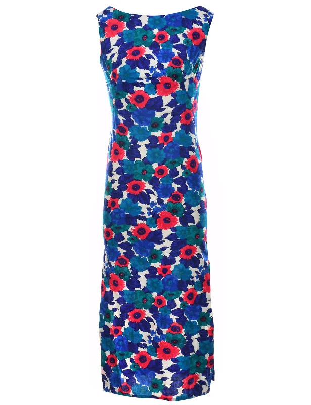 Floral Print Blue, Pink & White 1970s Boat Neck Maxi Dress - S Sporty Women's Tennis