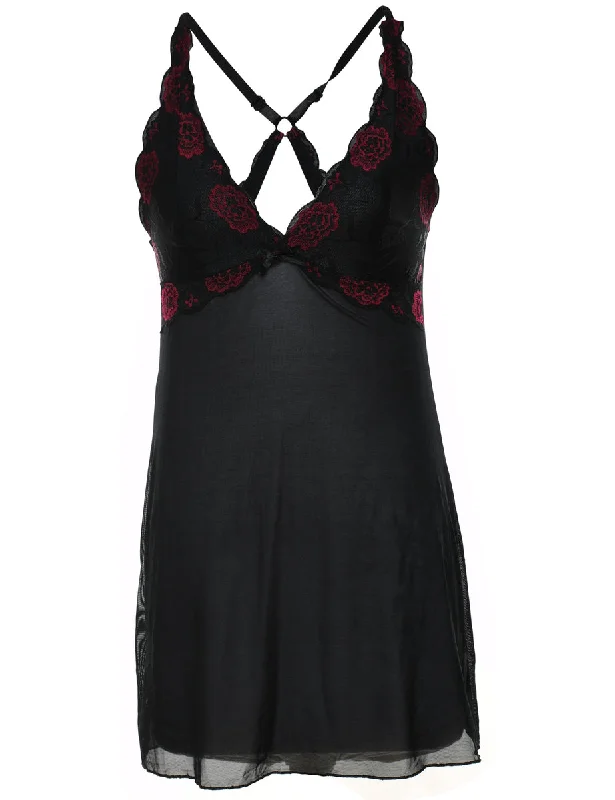 Black & Red Sheer Lace Trim Babydoll - S Artistic Women's Hand - painted