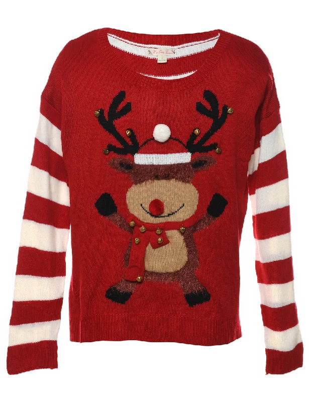 Reindeer Design Red & White Christmas Jumper - L Casual Women's Japanese 