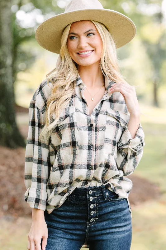 Check It Out Tan Brown Button Down Plaid Top Women