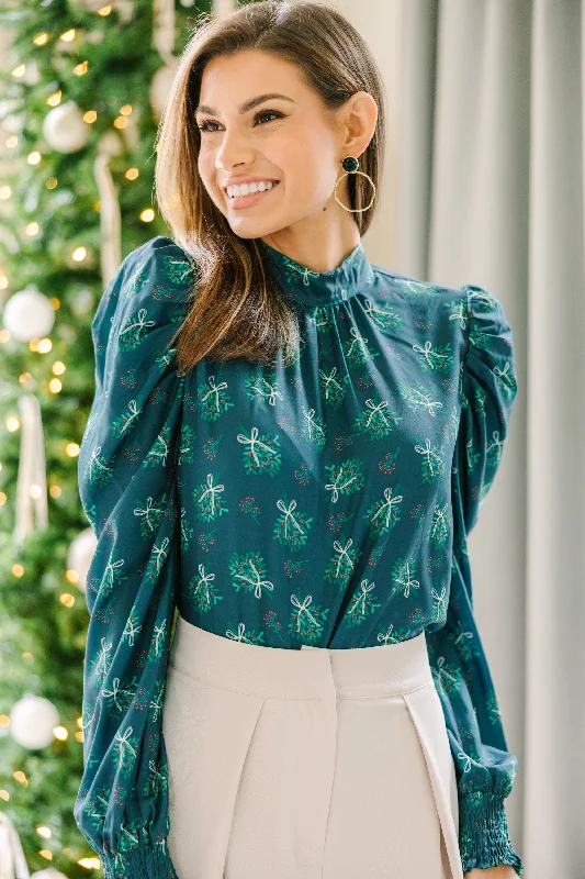 Be A Stand Out Emerald Green Floral Puff Sleeve Blouse Classic Women's Tweed