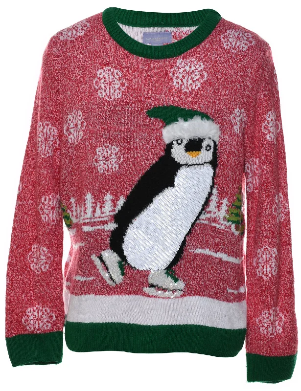 Penguin Design Red & Green Christmas Jumper - M French