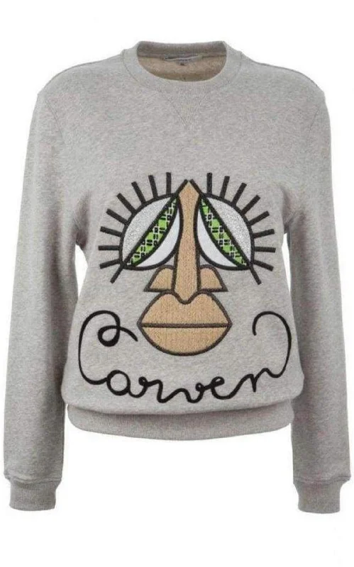 Woven Gray Cotton Embroidered Face Sweatshirt Classic Women's Tweed
