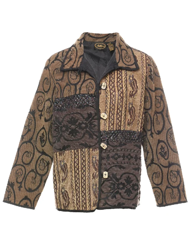 Black, Brown & Light Brown Patterned Tapestry Jacket - M Dapper Women's 1920S