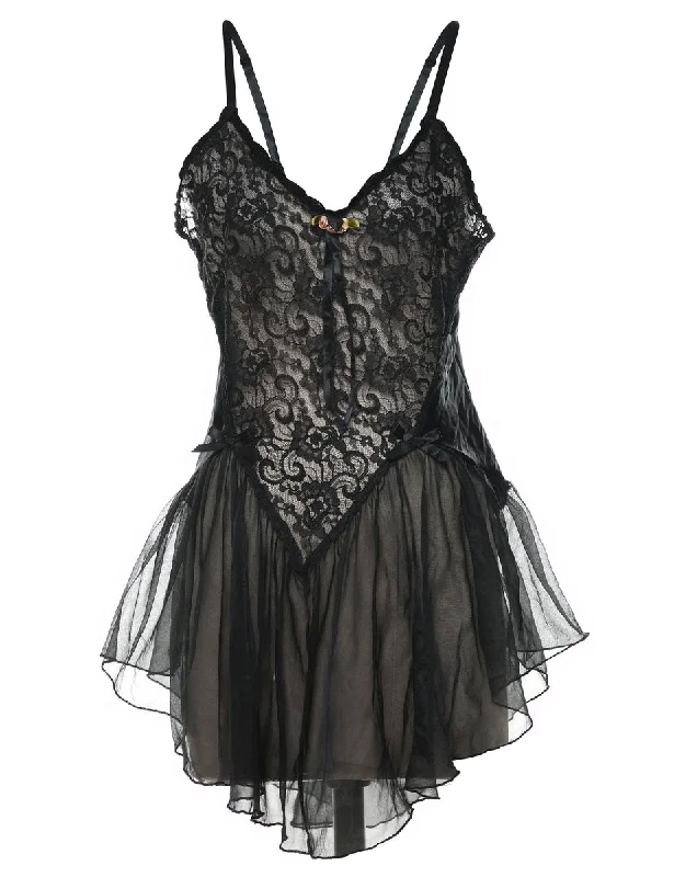 Black Sheer Lace Ruffled Babydoll - S Casual Women's Loose - fitting