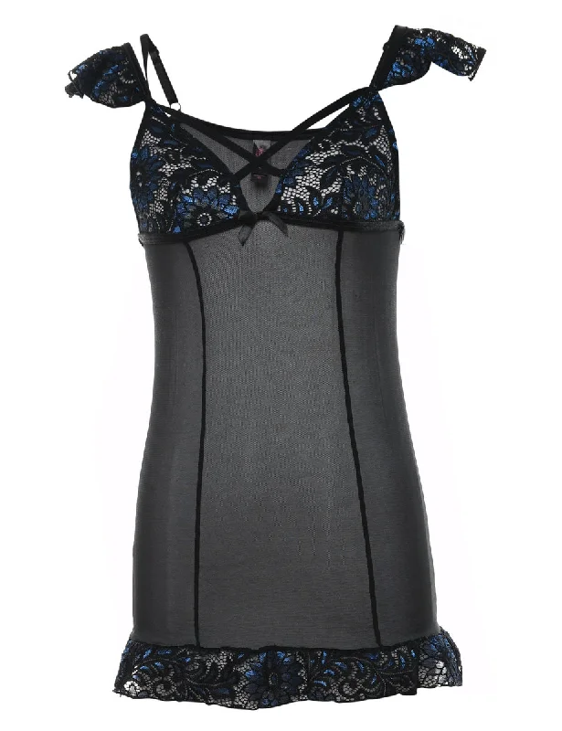 Black & Blue Sheer Lace Babydoll - XS Feminine Women's Style 