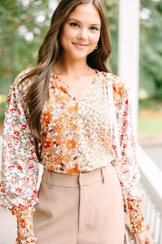 All Hope Taupe Brown Ditsy Floral Blouse Sleek Women's Metallic