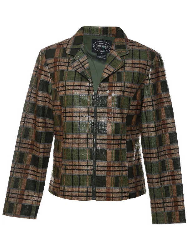 Dark Green & Brown Checked 1990s Jacket - M Hip Women's Retro