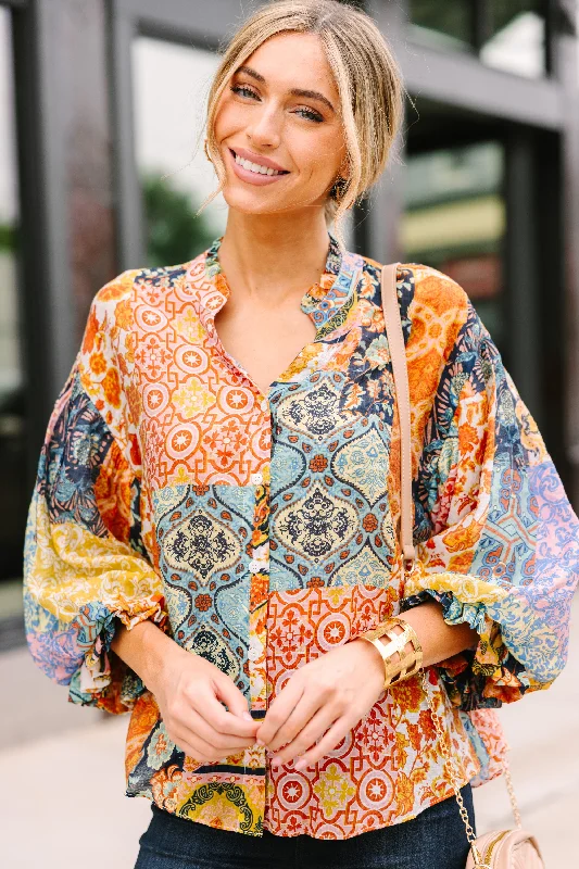 Fate: Soul Searching Mustard Yellow Mixed Print Blouse Traditional Women's 