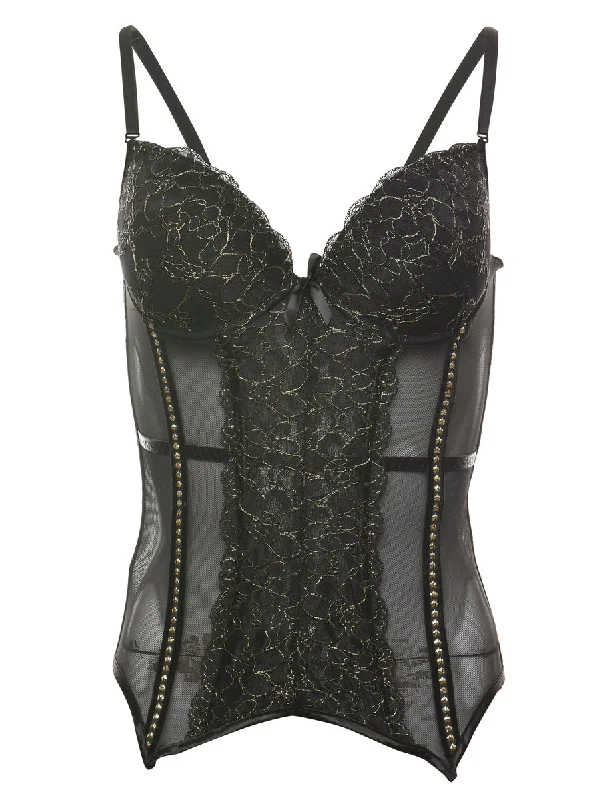 Black & Gold Sheer 1990s Lace Bustier - S Classic Women's Pin - striped