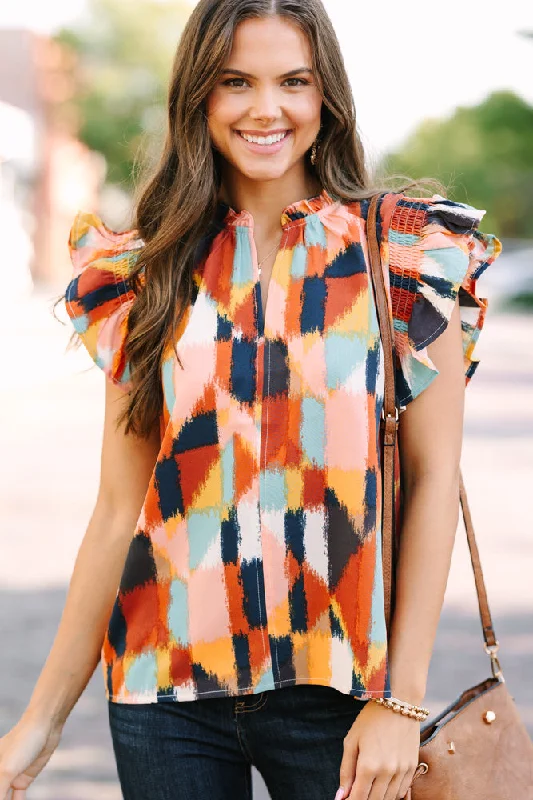 THML: Ready For The Day Brown Abstract Blouse Sporty Women's Athleisure 