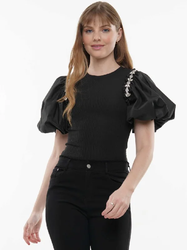 Embellished Puff Sleeve Top Black Feminine Women's Style 