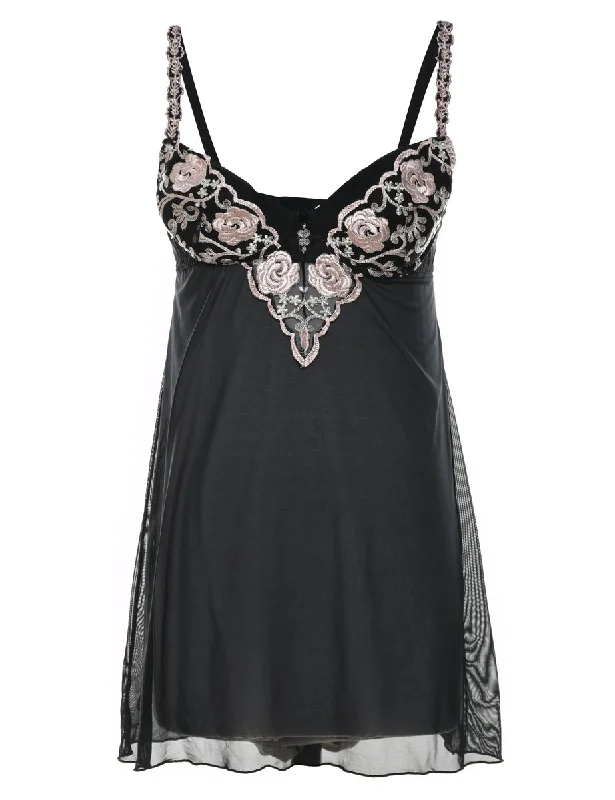 Black & Pale Pink Embroidered Babydoll - S Vintage Women's 1970S 