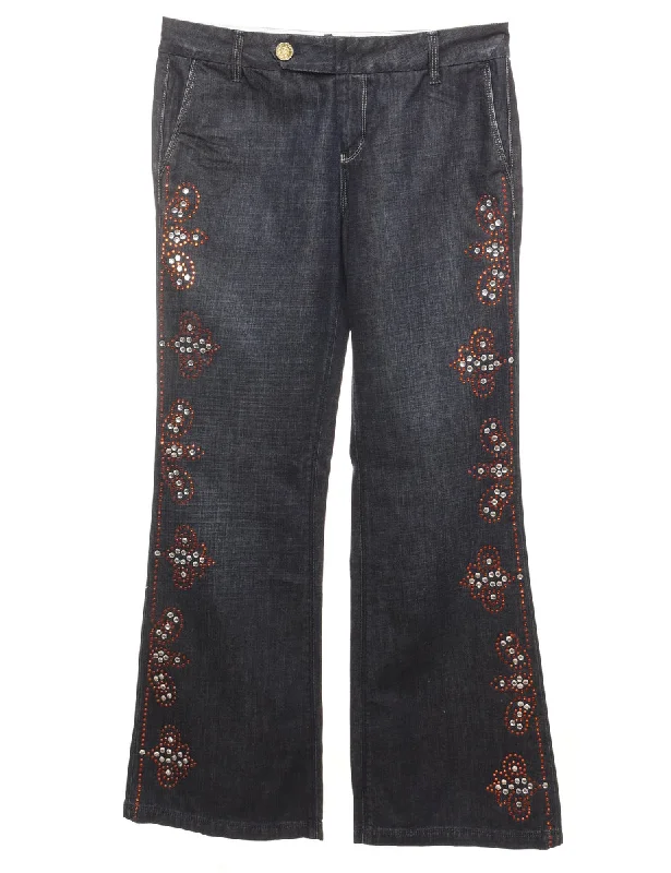 Embellished Dark Wash Flared Jeans - W32 L32 Edgy Women's Punk