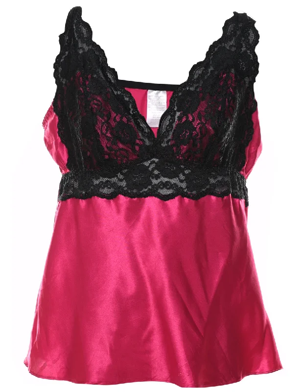 Contrast Pink & Black Lace Trim Silky Babydoll - M Dynamic Women's High - energy