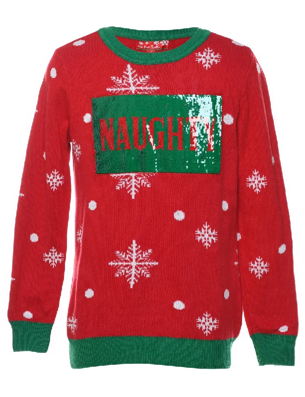 Red & Green Sequined Christmas Jumper - M Feminine Women's Style 