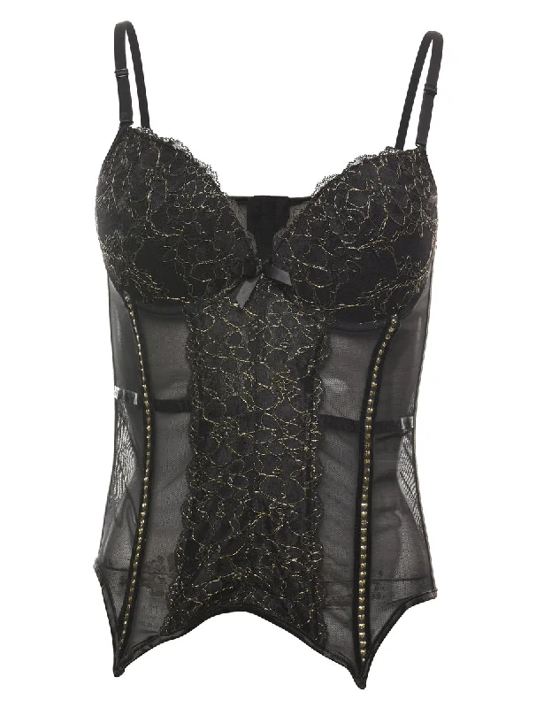 Sheer Effect Black & Gold Lace Bustier - S Practical Women's Quick - dry