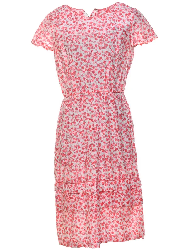 Floral Print Pink & White Vintage Dress - M Feminine Women's Soft 
