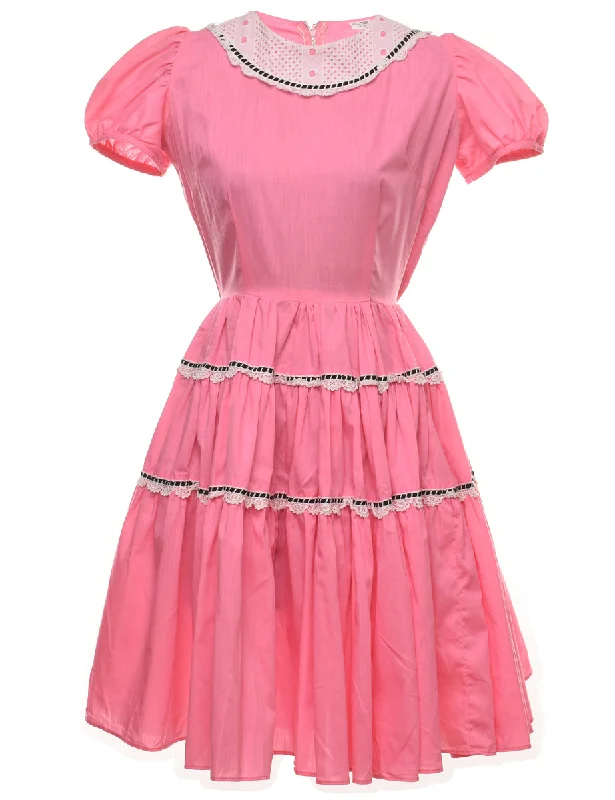 Pale Pink Lace Trim 1950s Dress - M Feminine Women's Style 