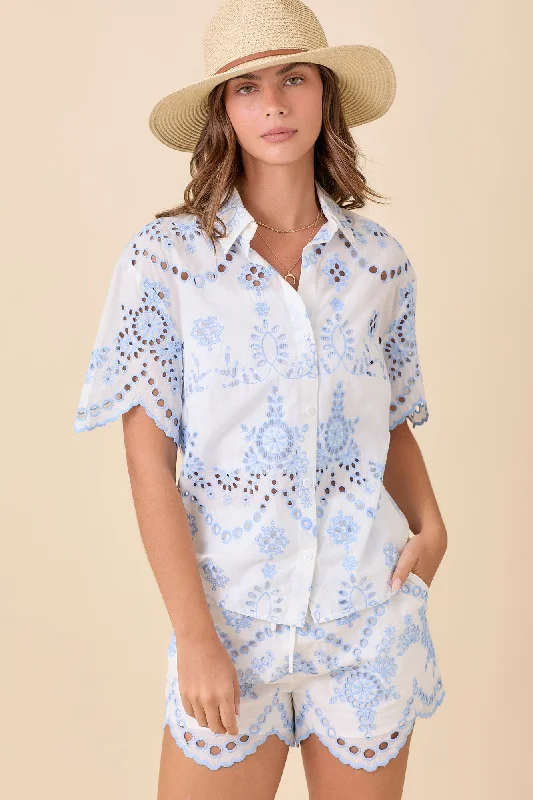Contrast Eyelet Scallop Hem Button Up Collar Top Relaxed Women's Beachy