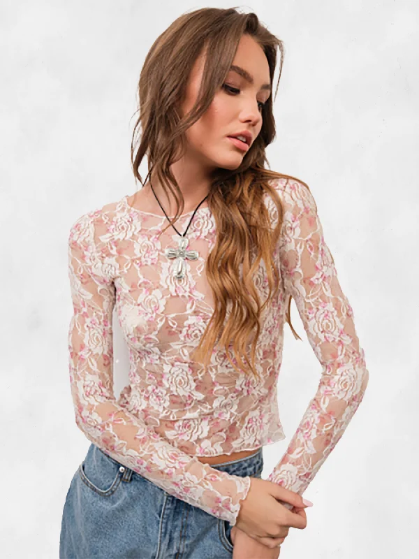 Pretty Garbage Floral Print Lace Basic Top Feminine Women's Style 