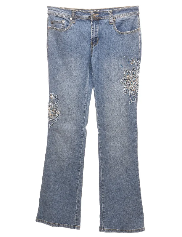 Sequined Floral Light Wash Flared Y2K Jeans - W31 L33 Gym