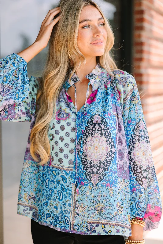 Fate: All We Know Blue Mixed Print Blouse Dapper Women's Bow - adorned