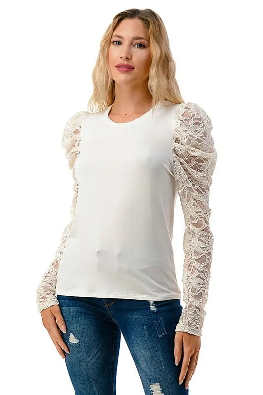Elegant Lace Sleeve Puff Shoulder Blouse - White purpose