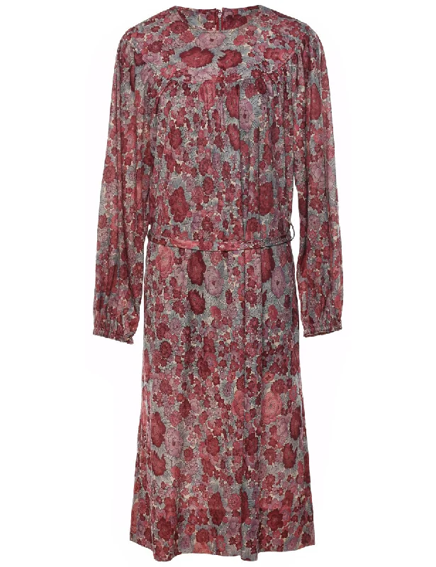 Floral Print Grey & Maroon Long-Sleeve Vintage Dress - M Refined Women's Hand - crafted